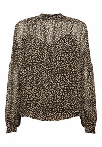 Blusa nera in un tessuto leggero e trasparente con una stampa leopardata in crema e beige. Maniche lunghe fluide e design con collo alto.