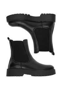 Melni ādas potīšu zābaki ar masīvu gumijas zoli, elastīgiem sānu paneļiem un vilkšanas cilpām, kas nodrošina vieglu uzvilkšanu. Gluda tekstūra un minimālistisks dizains.