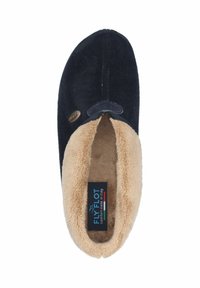 Dunkelblauer Hausschuh mit einer weichen beigen Innenausstattung, aus dichtem Stoff gefertigt. Mit abgerundeter Zehenpartie und einem Markenlabel im Inneren.
