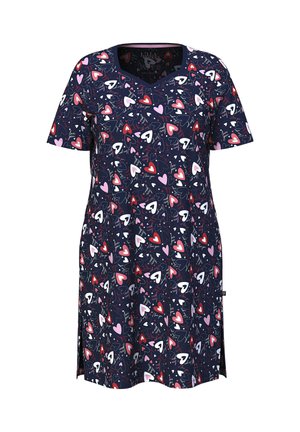 Robe à manches courtes bleu marine avec motifs de cœurs blancs, roses et rouges. Encolure en V avec fentes latérales, confectionnée dans un tissu doux et léger.