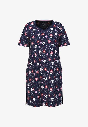 Kurzärmeliges Kleid in Marineblau mit weißen, rosa und roten Herzmustern. V-Ausschnitt-Design mit Seitenschlitzen, gefertigt aus einem weichen, leichten Stoff.