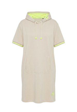 Beige short-sleeve hooded dress with neon yellow inner hood lining, sleeve trim, drawstring ends, front pocket, and small palm tree detail near hem.