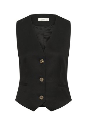 Chaleco negro de corte entallado, con escote en forma de V, tres cierres de botones dorados y dos bolsillos laterales. Hecho de un tejido suave y texturizado.