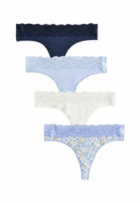 Set van vier damesstringetjes: donkermarineblauw met kant, lichtblauw, wit met stippen en bloemenprint met blauwe kant. Zacht katoenmateriaal.