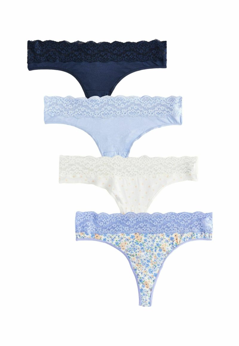 Set van vier damesstringetjes: donkermarineblauw met kant, lichtblauw, wit met stippen en bloemenprint met blauwe kant. Zacht katoenmateriaal.