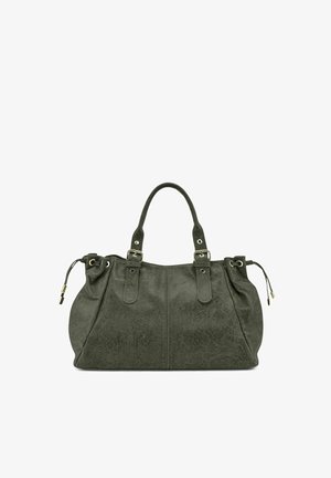 Grand sac à main en daim vert avec deux poignées courtes, doté de ferrures dorées, d'accents à cordon de serrage et d'une surface texturée.