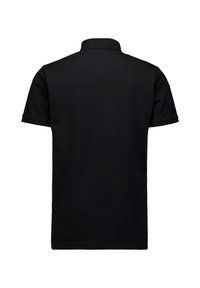 Zwarte polo met korte mouwen en een klassieke kraag, gemaakt van zacht katoen, met een gladde textuur en een schoon, minimalistisch ontwerp.