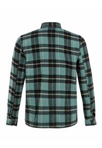 Groene en zwarte geruite flanellen overhemd met lange mouwen, knoopmanchetten, een kraag en een zachte textuur. Bevat contrasterende witte lijnen in het patroon.