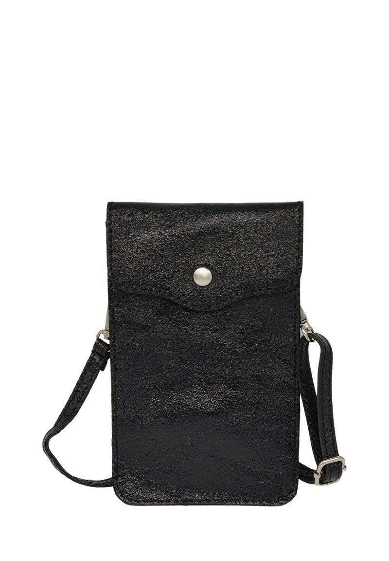 Sac bandoulière noir en matériau texturé, doté d'une fermeture à pression, d'une bandoulière réglable et d'accents lisses. Forme rectangulaire compacte.