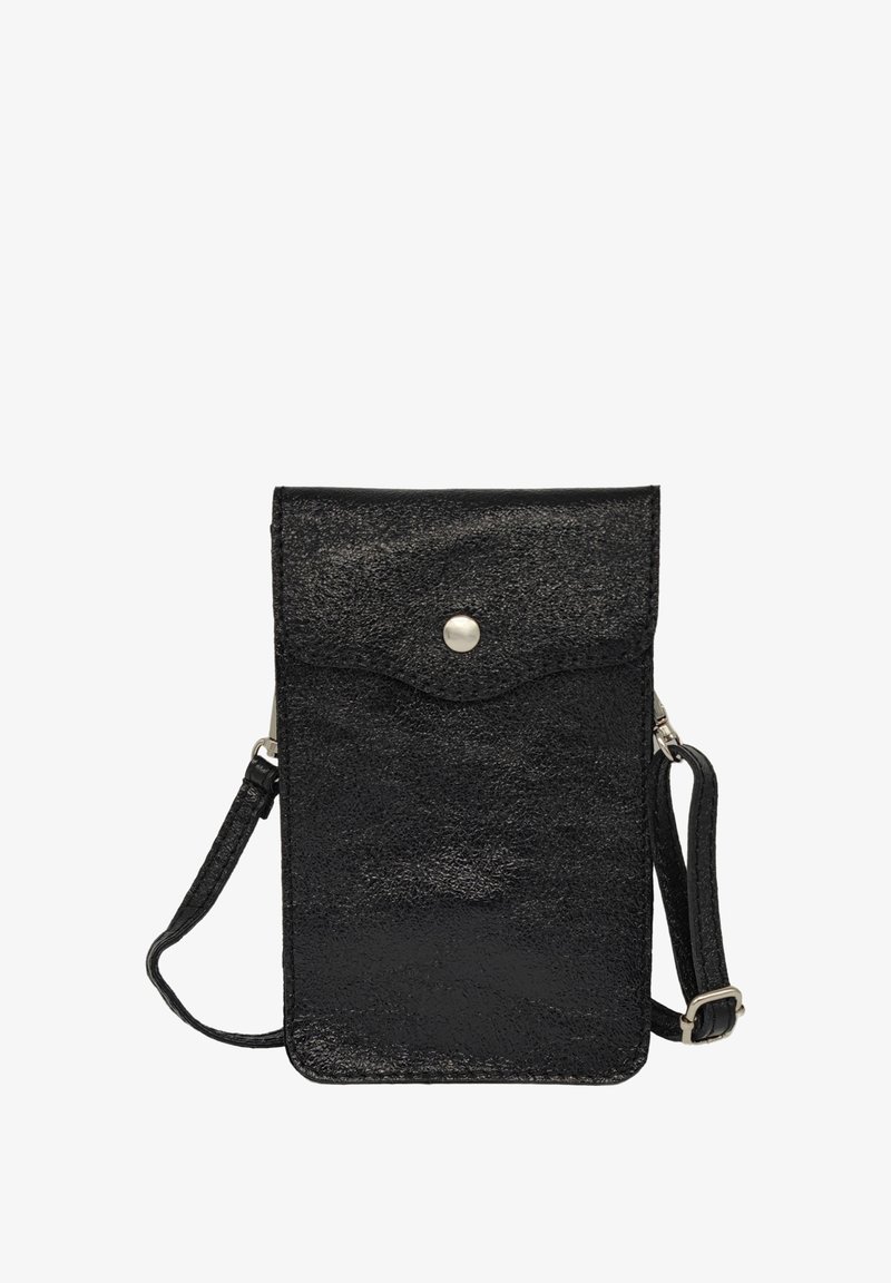 Sac bandoulière noir en matériau texturé, doté d'une fermeture à pression, d'une bandoulière réglable et d'accents lisses. Forme rectangulaire compacte.