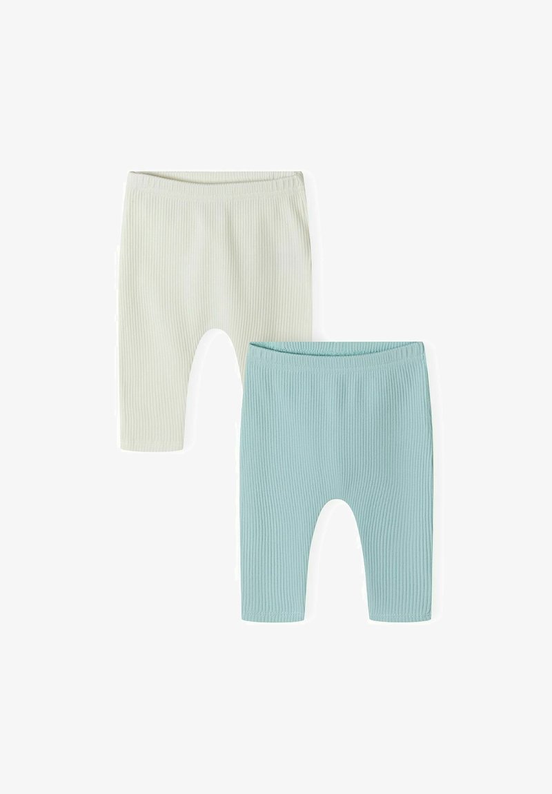 Két pár bordázott leggings világoszöld és pasztellkék színben, puha textúrával és rövidített hosszal, elasztikus derékrésszel.