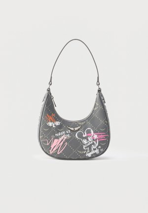 Geantă de mână gri, cu o curea scurtă, decorată cu un șoricel desen animat pe skateboard, graffiti roz și portocaliu și text în franceză "Poésie et Vérité."