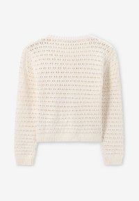 Gehäkelter Creme-Pullover mit einem lockeren, offenen Strickmuster. Verfügt über gerippte Manschetten und einen runden Ausschnitt. Kurzes, cropped Design.