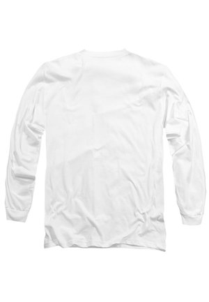 Plain white long-sleeve shirt with crew neck, shown from the back, slightly wrinkled and laid flat on a white background.