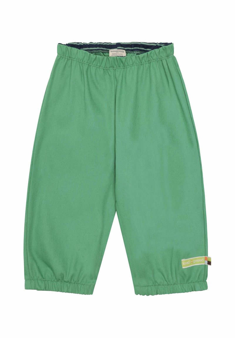 Groene katoenen broek met een elastische tailleband, cropped lengte en elastische boorden. Heeft een kleurrijke merklabel aan de zijkant.