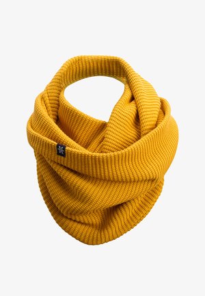Knitted yellow infinity scarf with a textured rib pattern, featuring a smooth finish and a small logo patch on one side.