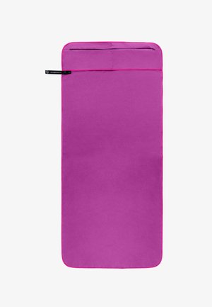 Pink fabric envelope-style bag with a top flap and contrasting trim. Smooth texture, rectangular shape, suitable for carrying items.