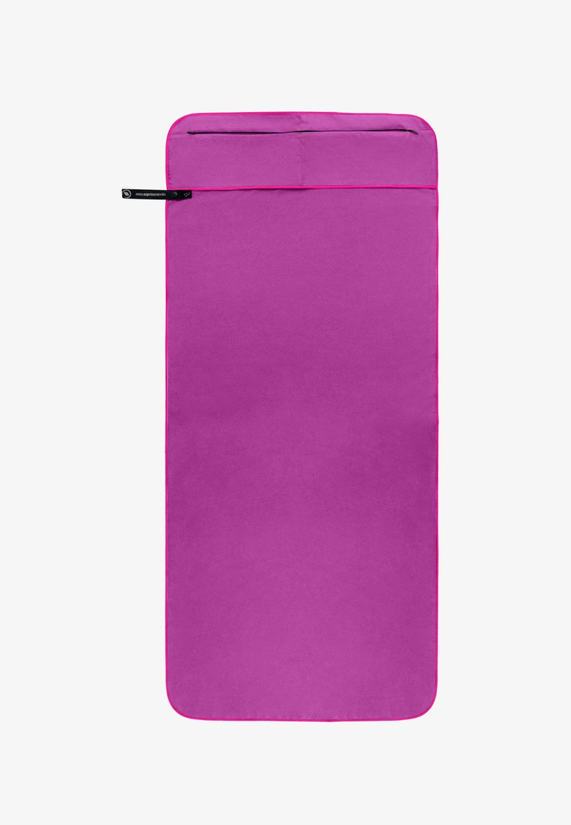 Pink fabric envelope-style bag with a top flap and contrasting trim. Smooth texture, rectangular shape, suitable for carrying items.