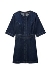 Robe en denim bleu foncé, avec des manches courtes et un col rond. Présente une taille cintrée et une fermeture éclair au centre. Design épuré.