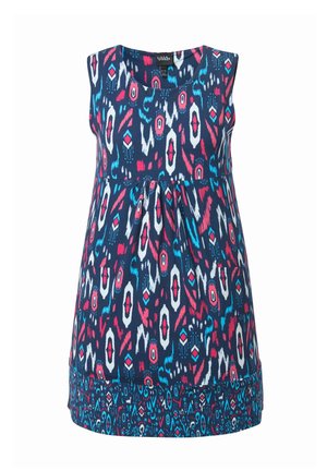 Abito tunica senza maniche con motivo astratto ikat in blu, bianco, rosa e turchese e due tasche frontali.