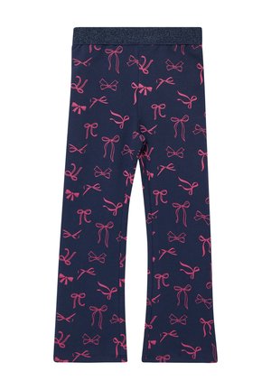 Marineblaue Leggings mit einem rosa Schleifenmuster, ausgestattet mit einem glitzernden Bund. Hergestellt aus weichem, dehnbarem Stoff. Ausgestellt geschnitten.