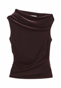 Burgundská bezrukávová blůza z sametu s draped výstřihem, nařasenými boky a hladkou strukturou. Má fitted siluetu a asymetrický design.