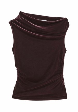 Top fără mâneci burgundy din catifea, cu decolteu drapat, laterale pliate și textură netedă. Prezintă o siluetă ajustată și un design asimetric.