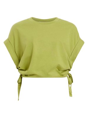 Kortærmet, cropped t-shirt i lys grøn bomuld med rund hals og justerbare bånddetaljer i siden for en afslappet pasform.