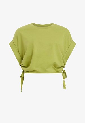 Kortærmet, cropped t-shirt i lys grøn bomuld med rund hals og justerbare bånddetaljer i siden for en afslappet pasform.