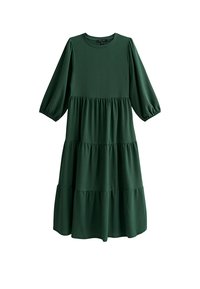 Zielona sukienka warstwowa wykonana z teksturowanej tkaniny, z długimi bufkami na rękawach i okrągłym dekoltem, o zwiewnej sylwetce.