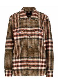 Plaid wool jacket in brown with beige, red, and white accents. Features a button front, two chest pockets, and a point collar.
