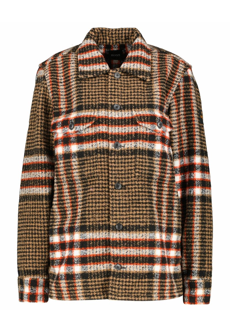 Plaid wool jacket in brown with beige, red, and white accents. Features a button front, two chest pockets, and a point collar.