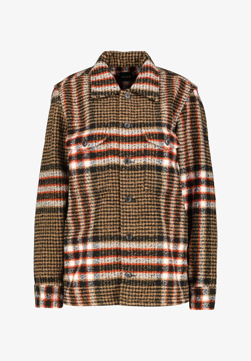 Plaid wool jacket in brown with beige, red, and white accents. Features a button front, two chest pockets, and a point collar.