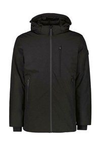 Zwarte capuchonjack gemaakt van zacht, waterafstotend materiaal. Voorzien van een ritssluiting aan de voorkant, zijzakken en elastische manchetten voor een veilige pasvorm.