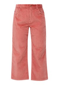 Wide-leg pink corduroy pants with front pockets, belt loops, and a button closure.