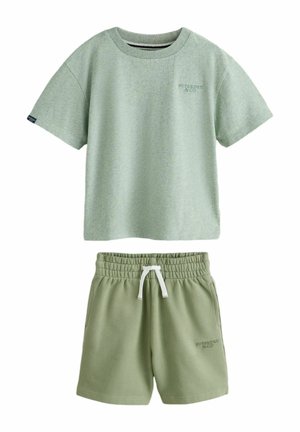 Light green short-sleeve t-shirt and matching elastic waist shorts with white drawstring, both with small "Superdry & Co" logos.