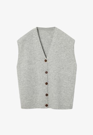 Veste sans manches tricotée gris clair avec col en V, fermeture à boutons sur le devant avec des boutons marron, et texture de bord côte à l'ourlet.