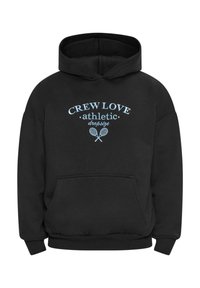 Svart hettegenser med kengurulomme, med lyseblå tekst som leser "CREW LOVE athletic dropsize" og kryssete tennisracketer som grafikk.