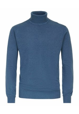 Niebieski sweter z golfem, wykonany z miękkiej dzianiny. Posiada prążkowane mankiety i dół, z dopasowanym krojem oraz gładką teksturą.