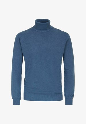 Blauer Rollkragenpullover aus weichem Strickstoff. Verfügt über gerippte Bündchen und Saum, mit einer engen Silhouette und glatter Textur.