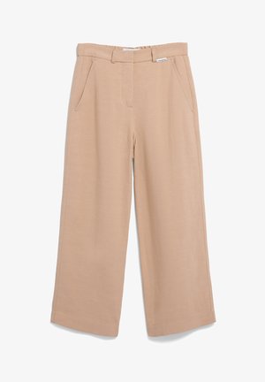 Beige wijde broek gemaakt van lichtgewicht stof, met een platte voorkant, zijzakken en een op maat gemaakte tailleband voor een relaxte pasvorm.