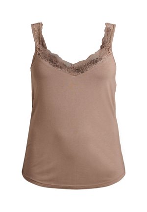 Pruun trikotaažist top peene pitsiäärega kaelusel, reguleeritavate rihmade ja siledast kangast. Omab V-kujulist lõiget ja sirget serva.