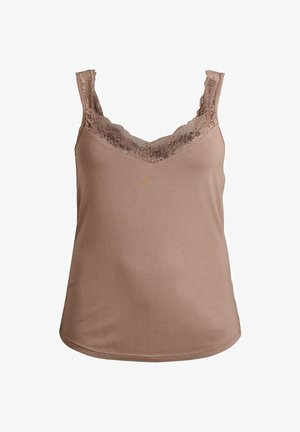 Ruskea toppi, jossa hieno pitsireunus pääntiellä, säädettävät olkahihnat ja sileä pinta. Siinä on V-muotoinen leikkaus ja suora helma.