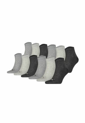 Twelve pairs of ankle socks in shades of gray, featuring a ribbed cuff and a smooth texture with subtle branding on the side.