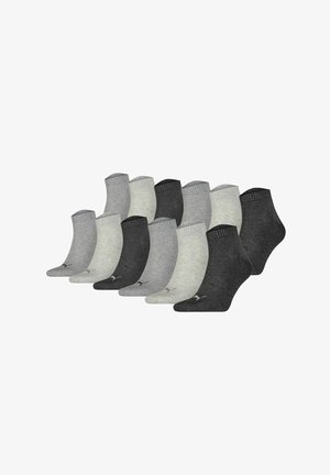 Twelve pairs of ankle socks in shades of gray, featuring a ribbed cuff and a smooth texture with subtle branding on the side.