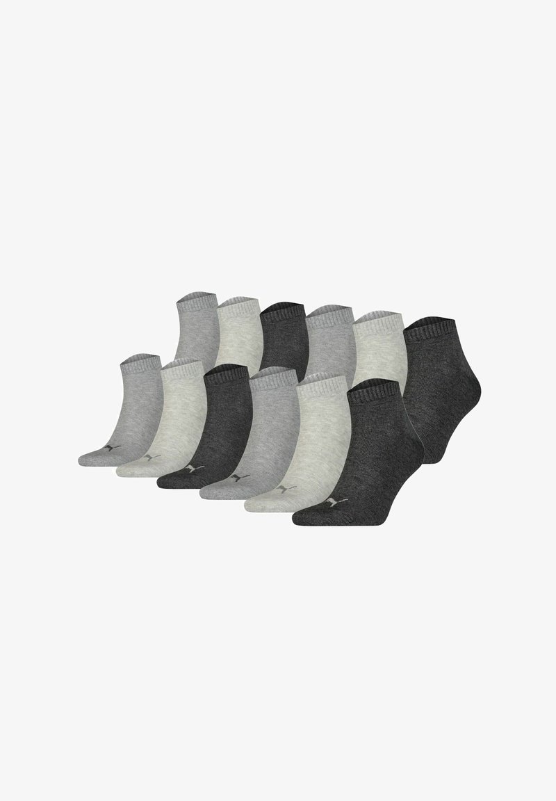 Twelve pairs of ankle socks in shades of gray, featuring a ribbed cuff and a smooth texture with subtle branding on the side.