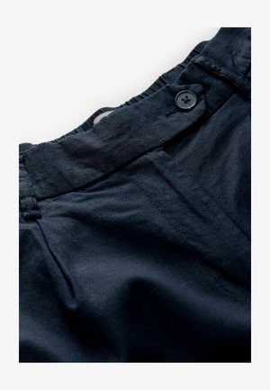 Navy blue trousers with a smooth texture, featuring a button closure at the waistband and slight pleating on the front.