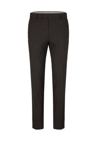 Maßgeschneiderte braune Hose aus strukturiertem Stoff, mit geradem Schnitt, Gürtelschlaufen und Reißverschluss. Klassisches Design mit minimalen Details.