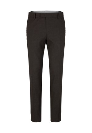 Maßgeschneiderte braune Hose aus strukturiertem Stoff, mit geradem Schnitt, Gürtelschlaufen und Reißverschluss. Klassisches Design mit minimalen Details.
