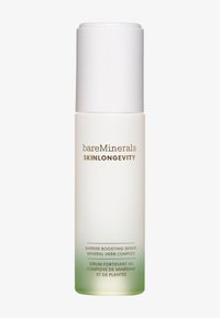 Siero Skinlongevity di BareMinerals in una bottiglia con un gradiente traslucido da bianco a verde, dotata di erogatore a pompa e testo minimale dorato.